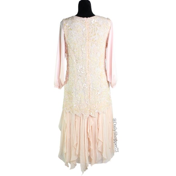 Handmade Women's Pastel Pink Sequin & Bead Satin Chiffon Handkerchief Hem Dress - Picture 3 of 10